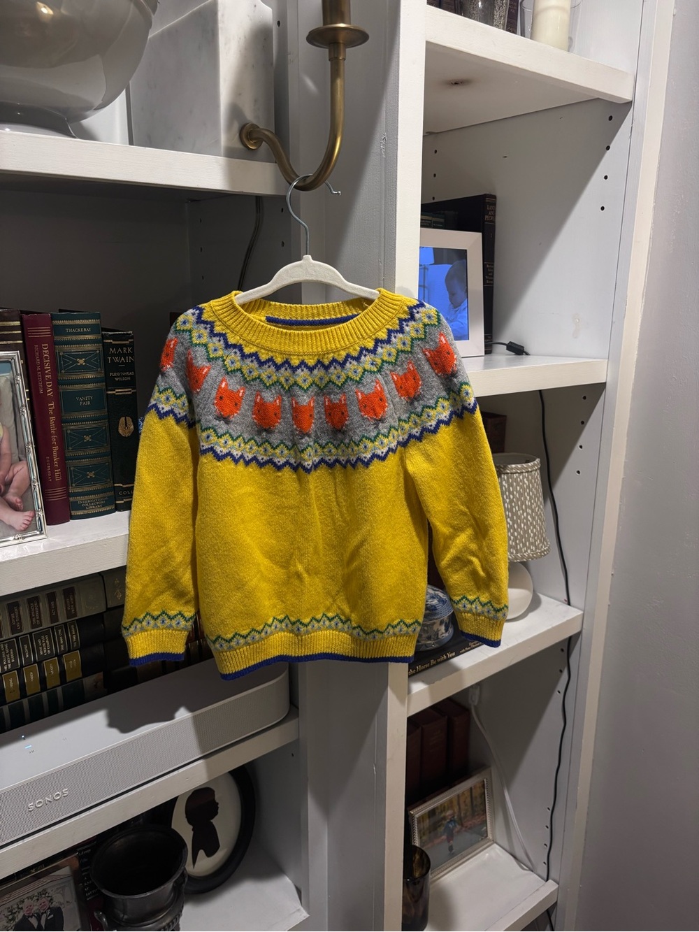 Mini Boden Yellow Fair Isle Fox Crewneck Sweater